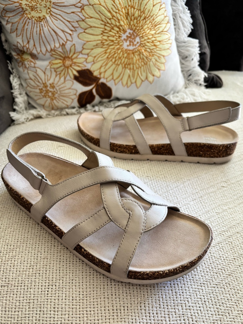 Abeo Neutral Leather Lacy Strappy Cork Sandals Orthotic Comfort Shoes Size 11